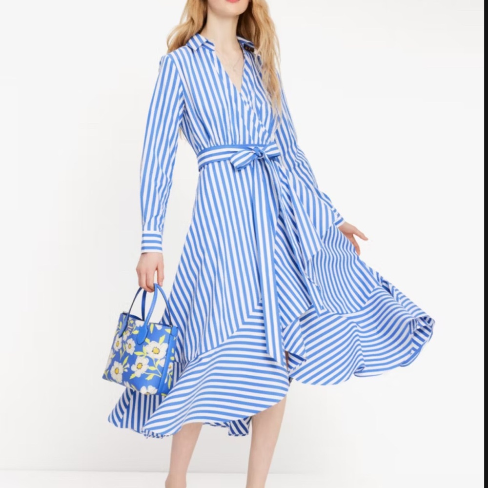 Kate Spade Blue and White JULIA STRIPE WRAP DRESS Long Sleeve Dress